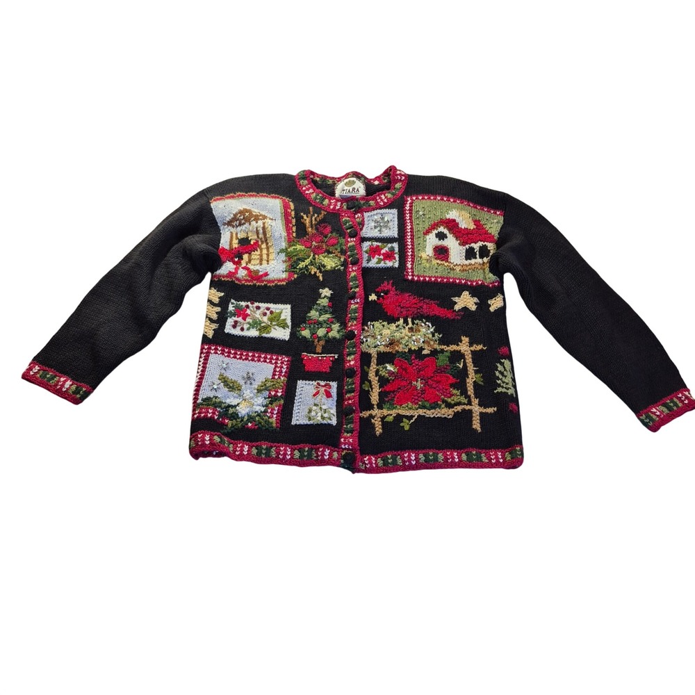 Tiara International Christmas Cardigan Womens Large Black Holiday Eclectic Retro